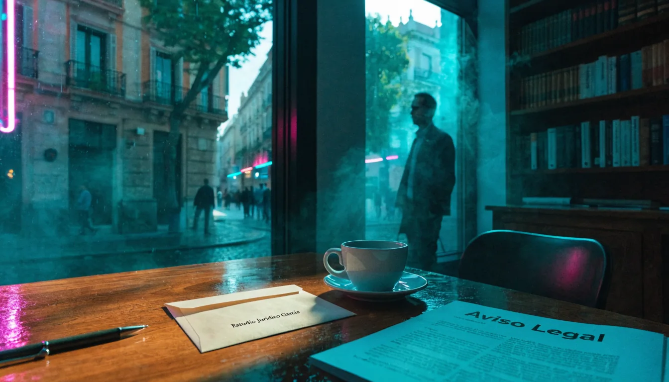 Escena de oficina legal española con escritorio, sobre, y ventana con arquitectura tradicional.