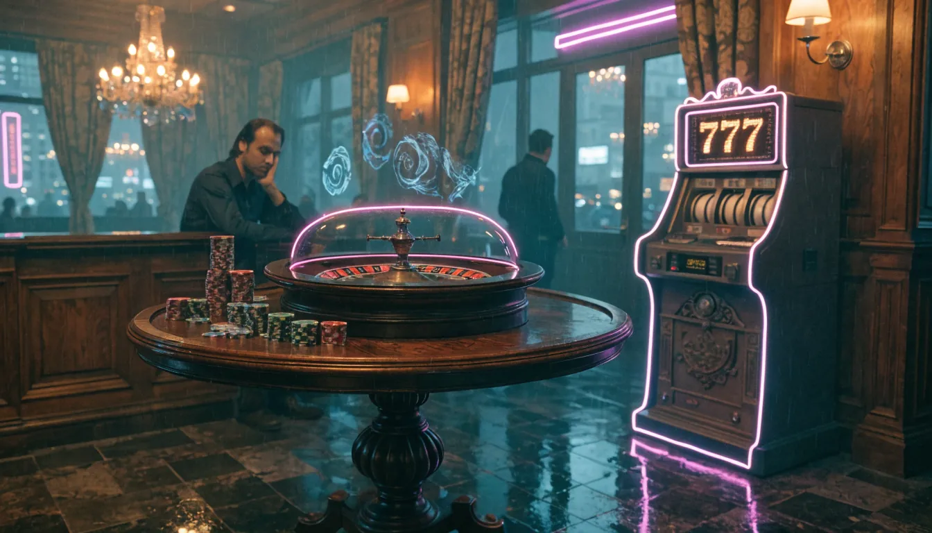 Mesa con ruleta, fichas y tragamonedas en casino