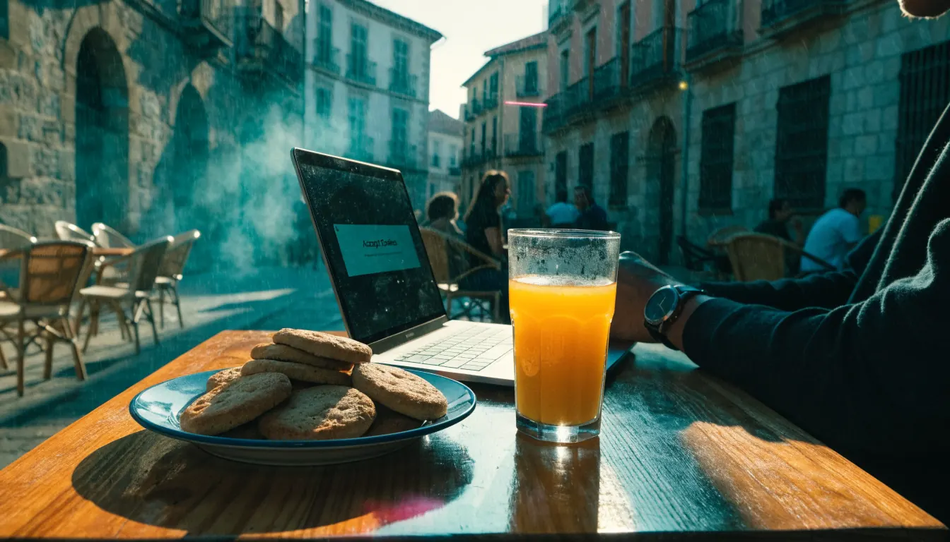 Terraza de café español con galletas y banner de cookies