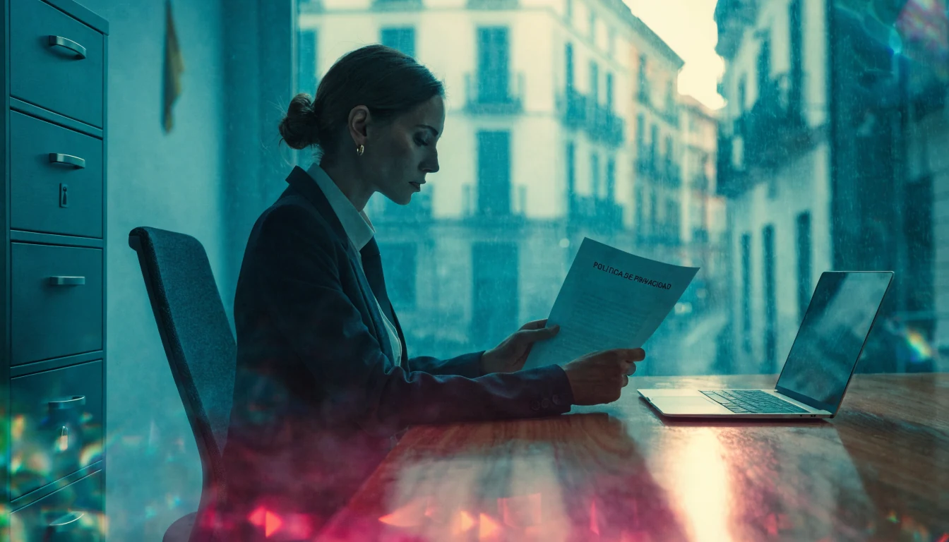 Mujer profesional revisando política de privacidad en oficina española