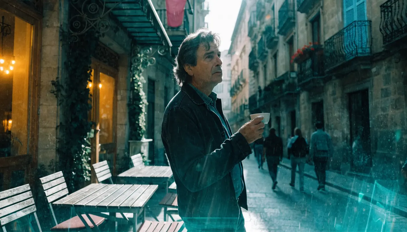 Hombre maduro en una calle española soleada frente a un café tradicional.